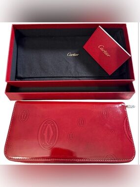 Cartier 🎉 Happy Birthday 🎁 Red Patent Leather Zip Around Wallet w/ Box Dust Bag